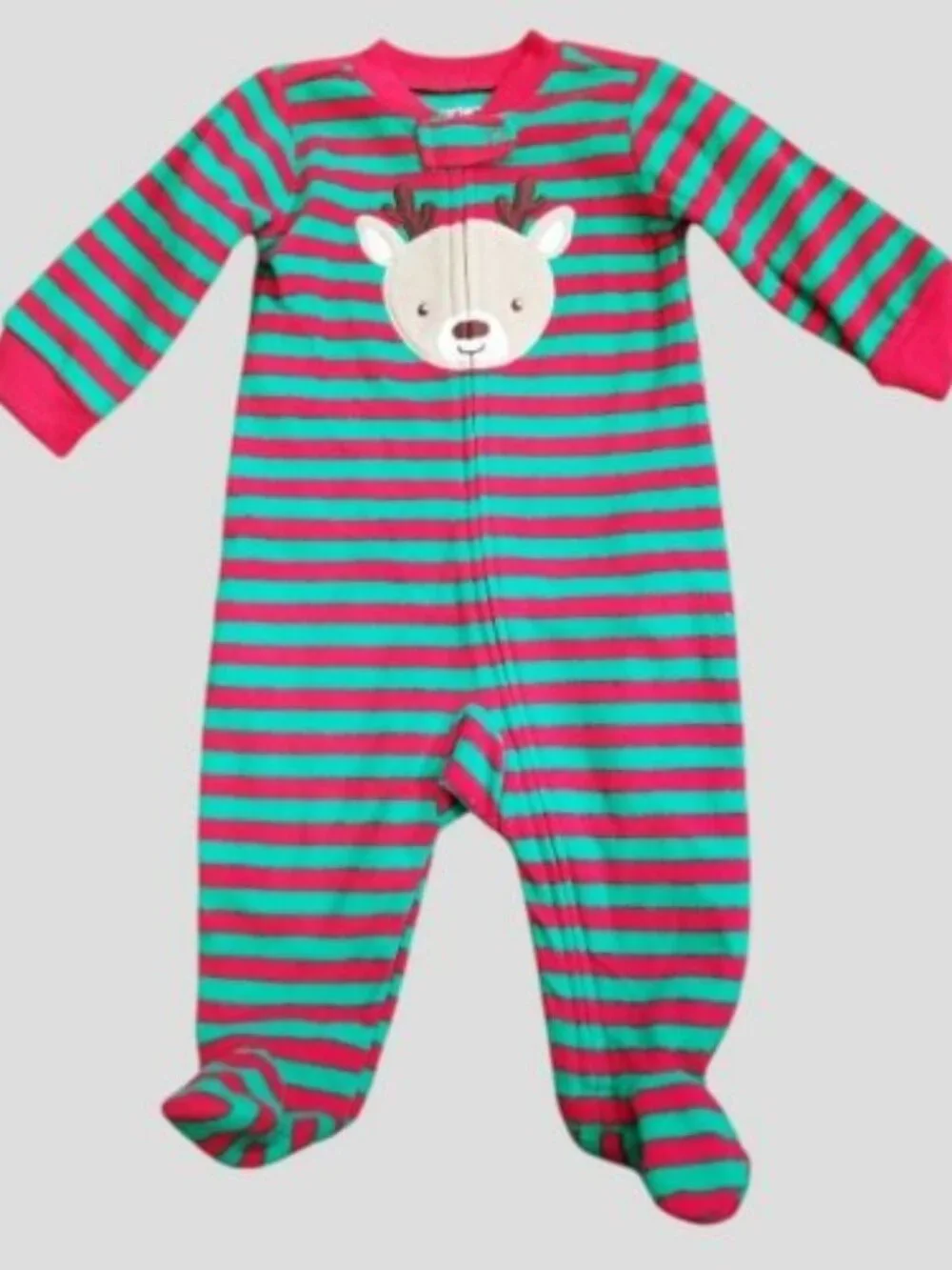 CARTER'S Red and Green Striped Reindeer Fleece Blanket Sleeper 6 months NEW